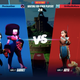 A screenshot of the WB Multiversus game showing off a character fight intro. From left to right: Batman and Garnet vs. Arya Stark and Tom & Jerry.
